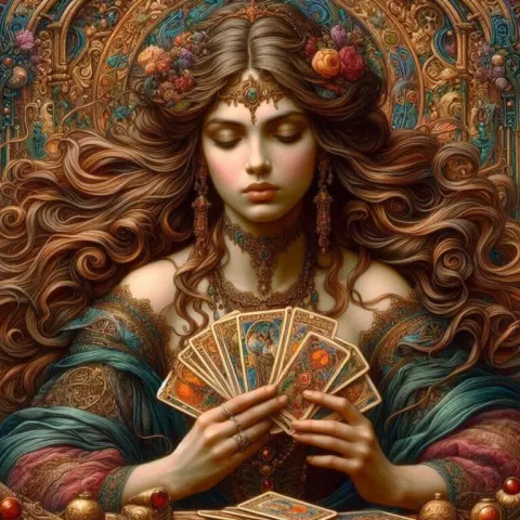 Pre-Raphaelite Woman Reading Tarot Cards Oil Painting