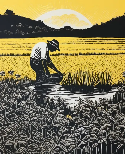 Korean Rice Farming Block Print in Black White and Yellow