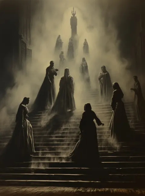 Men Descending Grand Stairs in Fog Somber Monochrome