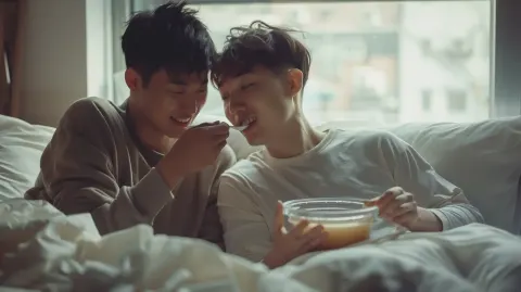 Tender Korean Couple Feeding