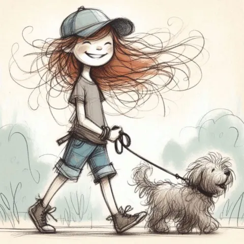 Sketch of Smiling Girl in Baseball Hat Walking Scruffy Dog