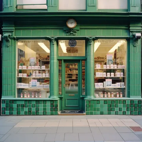 80s London Soap Shop Storefront with Green Tiles