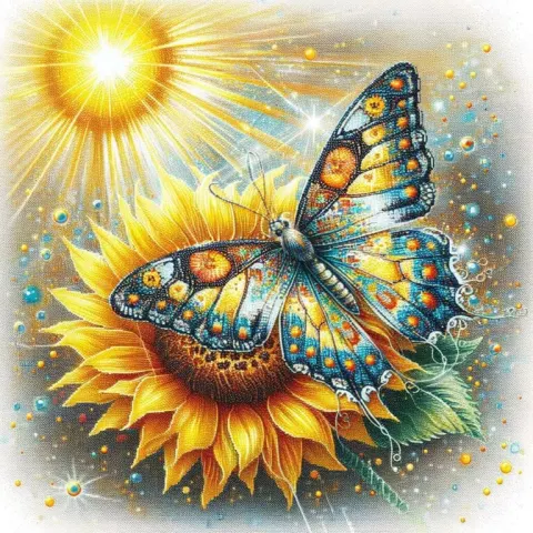 Butterfly on Sunflower in Counted Cross Stitch Style