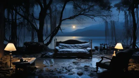 Distant Camp Bed in Dark Navy Symbolic Riverscape