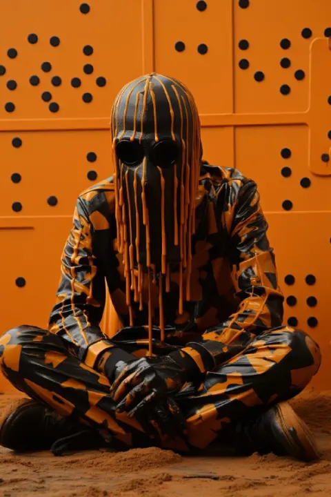 Man in Futuristic Mask by Oil-Dripped Bank in Dubai