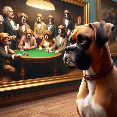 Boxer Dog Admiring Dogs Playing Poker Painting