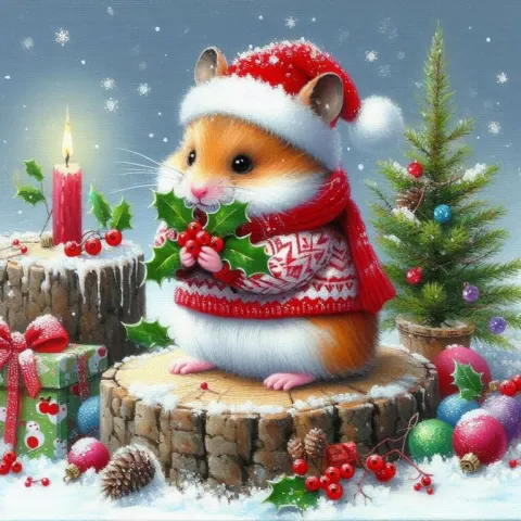 Hamster Acrylic Painting Snow Holly