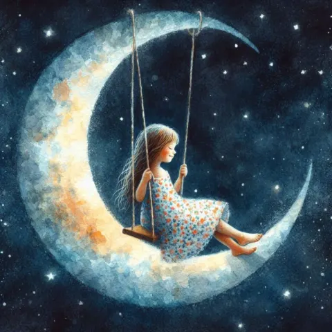 Little Girl Swinging on Crescent Moon Watercolour