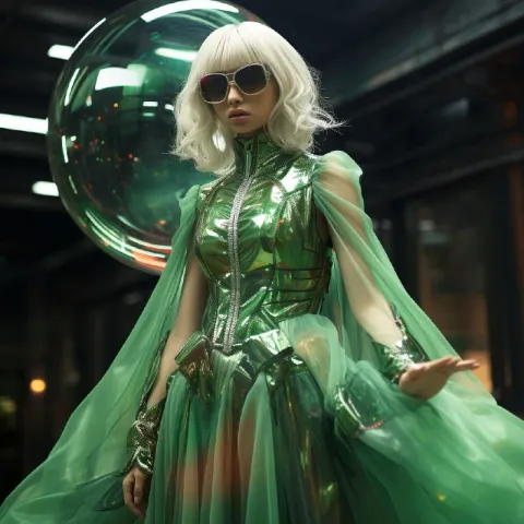 Neon Green Alien Girl in Iridescent Bubble Ball Dress