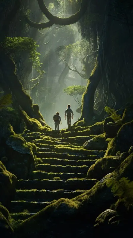 Explorers Climbing Mossy Stairs in Magical Ancient Forest