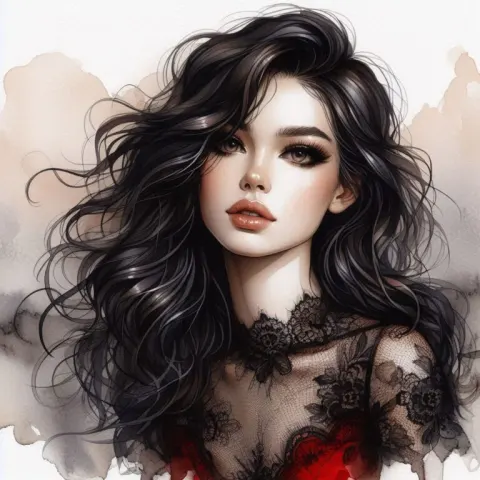 Glossy Watercolor Girl in Red and Black Lace Dress