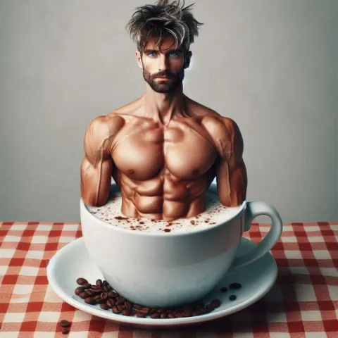 Man Standing in Coffee Mug on Tablecloth