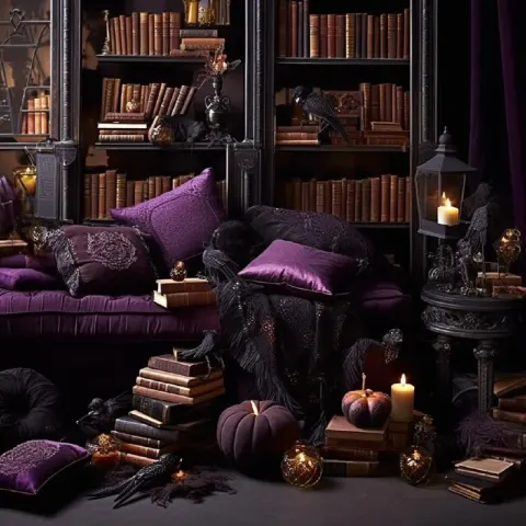 Cozy Spellbook Library with Cauldron and Potion Decor
