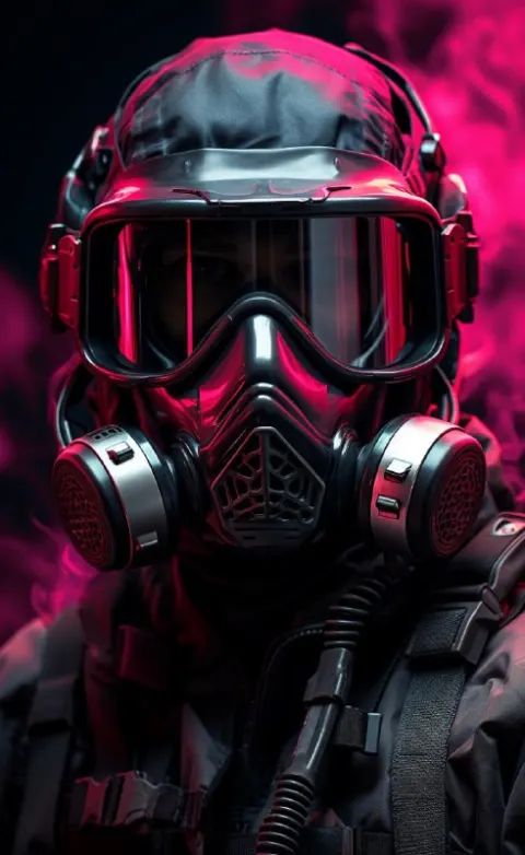 Mechanized Soldier Portrait in Sepia Magenta and Cyan