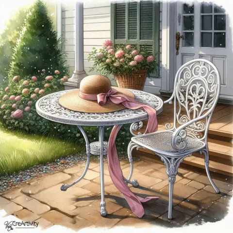 Watercolor Porch Scene with Iron Table and Straw Hat