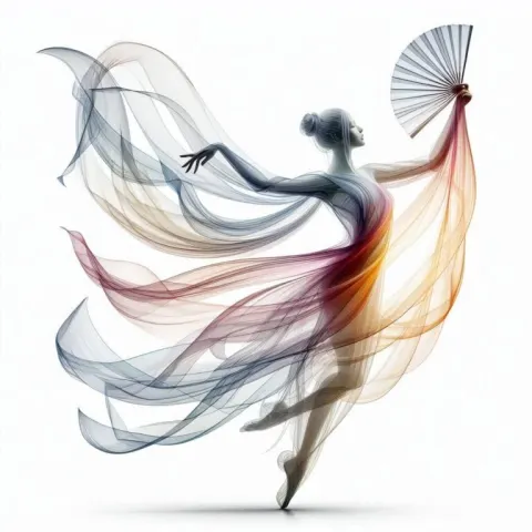 Ethereal Dancer with Fans Formed from Colored Silk Ribbons