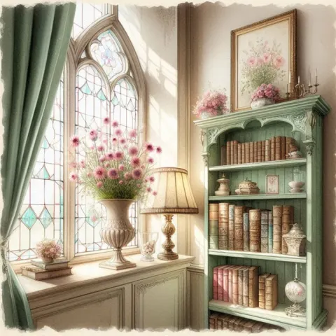 Watercolor Vintage Corner with Pale Green Shabby Bookshelf