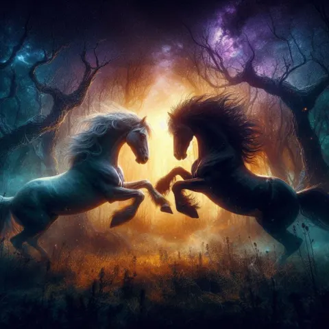 Dramatic Horse Fight in Surreal Dark Fantasy Field
