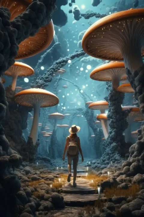 Woman in Giant Fungi Forest Under Three Moons and Milky Way