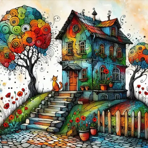Whimsical Quirky Two-Story House on Hill with Orange Cat