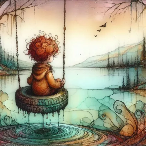 Red-Haired Boy on Tire Swing over Lake Alcohol Ink Art