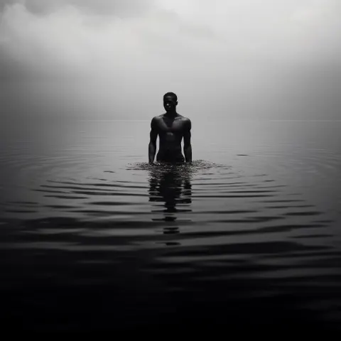 Dark-Skinned Man Standing on Infinite Water Monochrome