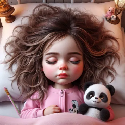 Sweet Cartoon Girl in Pink Pajamas with Panda