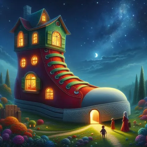 Whimsical 3D Shoe House with Glowing Windows and Tower