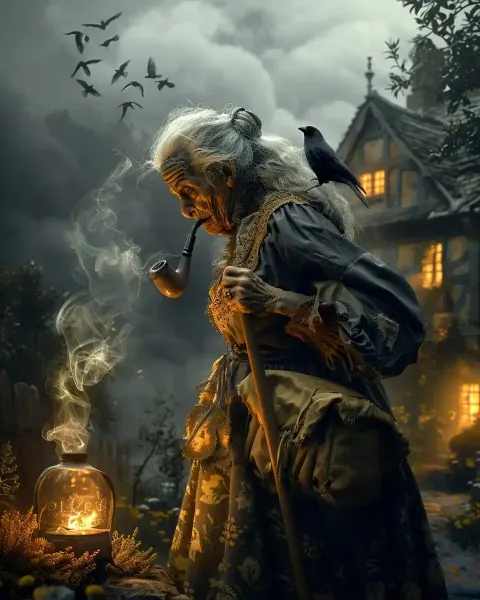 Elderly Witchwoman in Cottage