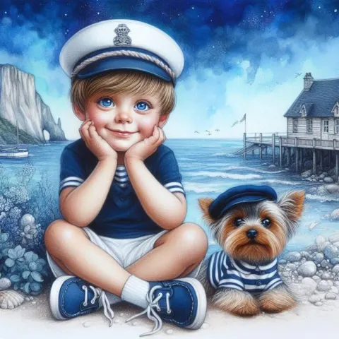 Dreamy Sailor Boy Sketch with Cap and Navy Boat Shoes