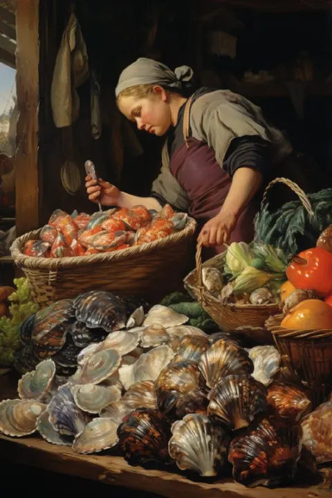 Shell Seller at Market in Rudolf Ernst Painting Style