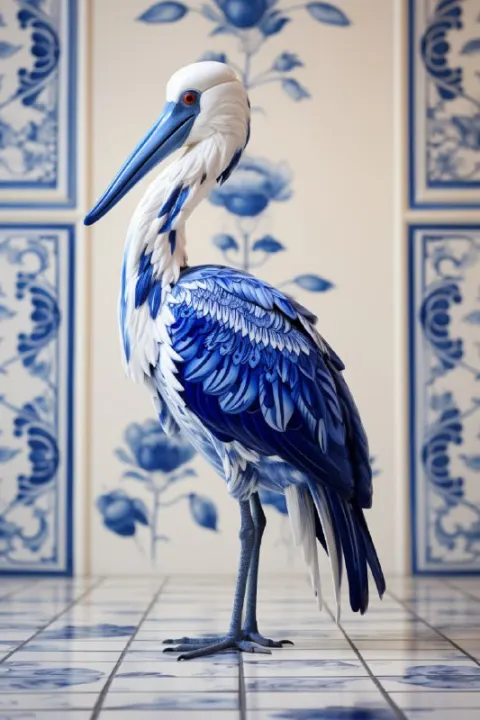 White Stork Sculpture on Blue and White Porcelain Floor