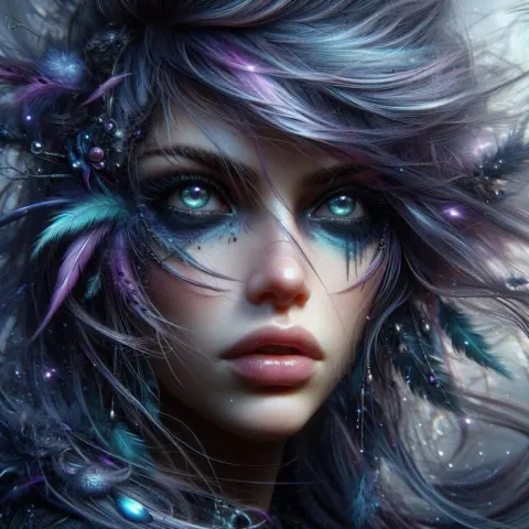 Messy-Haired Woman with Dark Fantasy Jewelry and Feathers