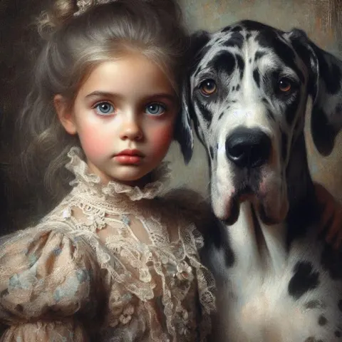 Victorian Child with Great Dane Vintage Impressionist Art