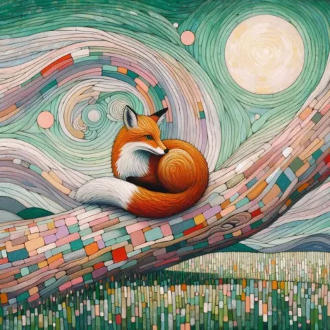 Red Fox Nestled in Patchwork Tree Trunk Gestural Painting