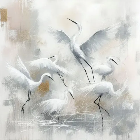 Dance of the Egrets Gestural Abstract in White Shades