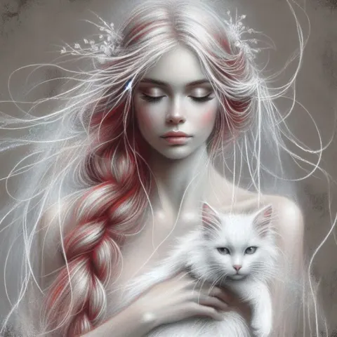 Ethereal Red-Haired Woman Holding White Cat Chalk Art