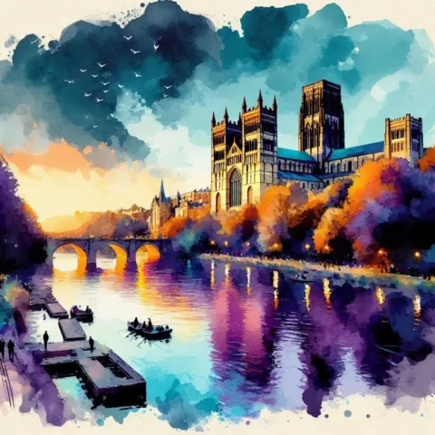 Durham Cathedral Riverside Watercolour in Moonlit Autumn