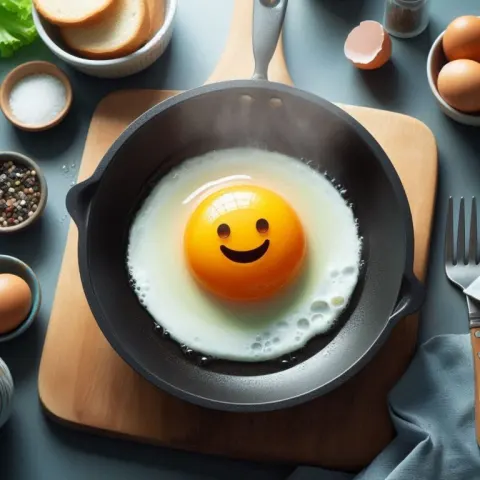 Funny Happy Emoji Fried Egg in Sizzling Frying Pan