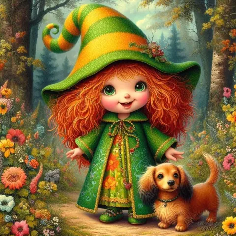 Adorable Gnome Girl in Green and Yellow Pointy Hat