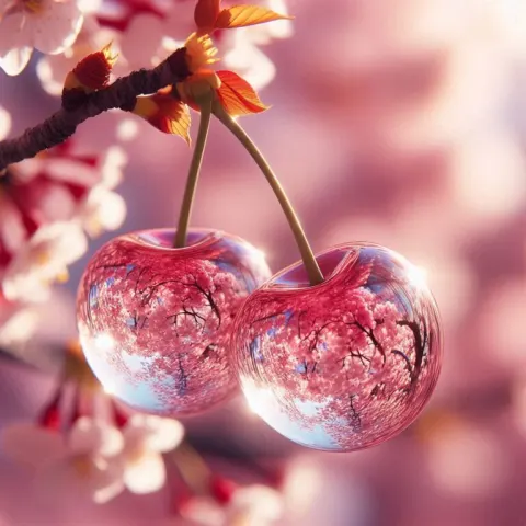 Transparent Glass Cherries on Blossoming Cherry Tree