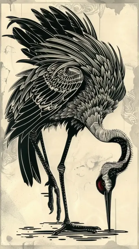 Intricate Woodcut Crane