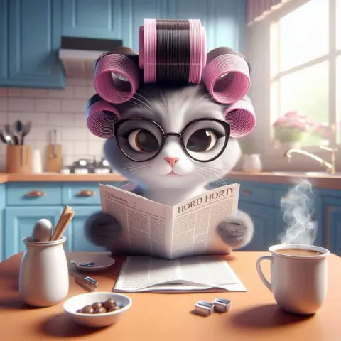 3D Cat in Rollers and Glasses Reading Morning Newspaper