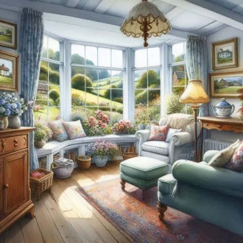 Country Cottage Sitting Room and Kitchen in Watercolor