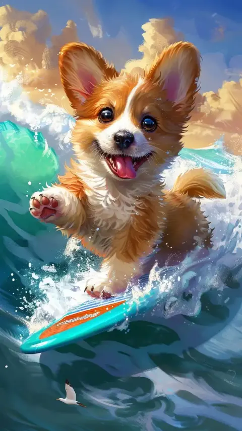 Cartoon Corgi Surfing