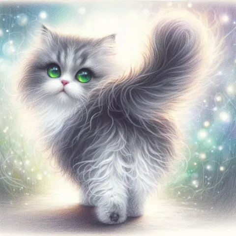Fluffy Gray Cat Looking Back Whimsical Pencil Drawing