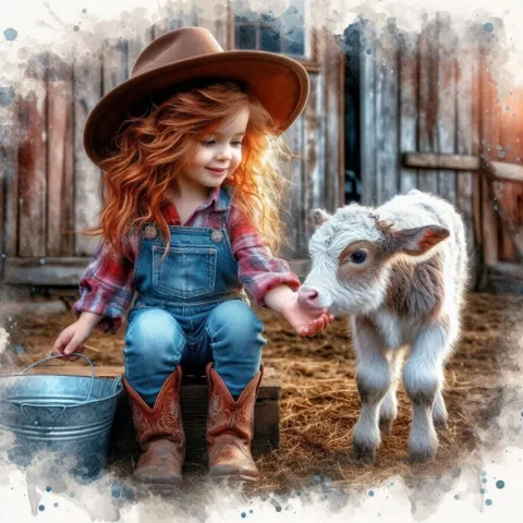 Red-Haired Cowgirl Toddler Playing with Fluffy Calf