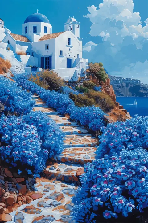 Vibrant Oia Gouache Landscape