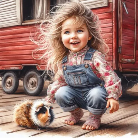 Blonde Toddler in Overalls Playing with Scruffy Guinea Pig