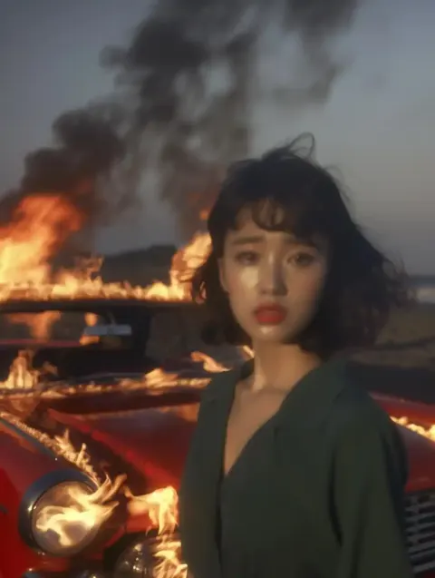 Raw Chinese Woman with Burning Car
